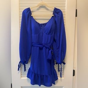 Royal Blue ruffled dress with flowy sleeves. Worn once in very good condition.